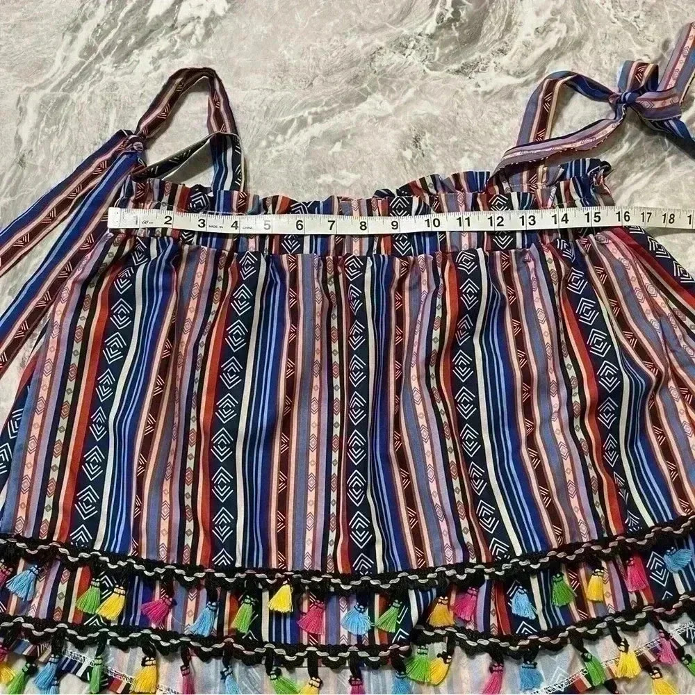 Shein Striped Print Fringe Trim Tie Shoulder Wide Strap Top Multicolor Size S - Picture 7 of 9